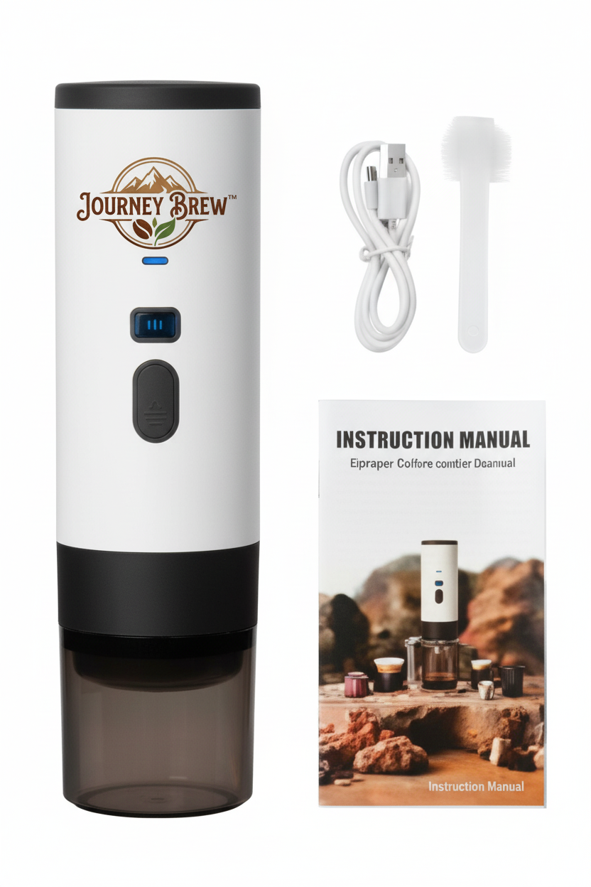 Journey Brew Portable Coffee Maker - White with Cable and Manual